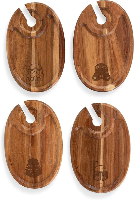 PICNIC TIME Star Wars Dark Side Wine Appetizer Plate Set of 4 with Glass Holder, Acacia Wood Cocktail Plates for Cheese Charcuterie and Entertaining with Helmet Designs, (Acacia Wood)