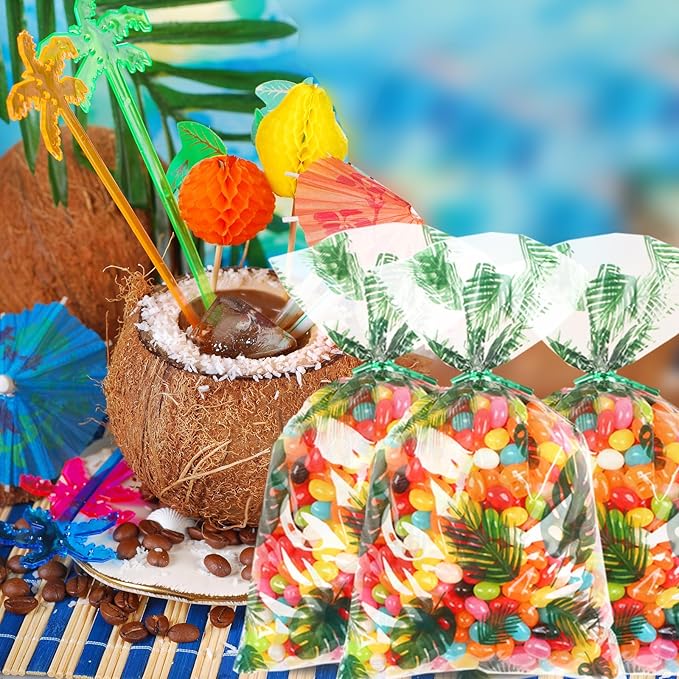 100 Pcs Gift Wrap Cellophane Treat Bags, 7 X12 Inch Hawaiian Palm Leaf Cellophane Candy Bags with for Candy,Cookies,Wedding Bridal Decorations Birthday,Valentine Party with Twist Ties