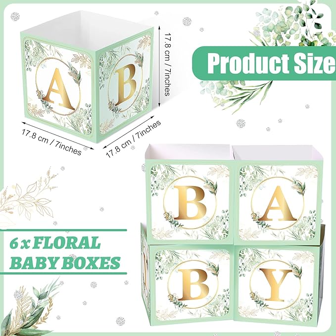 Bucherry 6 Pcs Baby Shower Centerpieces with Letters, 7" Baby Blocks Flower Boxes for Table Decorations, Gender Reveal Party Supplies & Photo Props(Green,Sage Green Leaf)