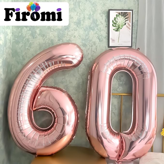 FIROMI 60 Foil Number Balloons Rose Gold 40-inch Big Giant Jumbo Mylar 60 Balloon Numbers for 60th Birthday Party Anniversary Decoration