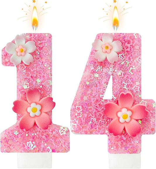 Pink Flower Birthday Candle,Number Birthday Candles for Cake, Ideal Birthday Parties Cake Decor, Wedding Anniversary and Other Celebrations (Number 14, Pink)