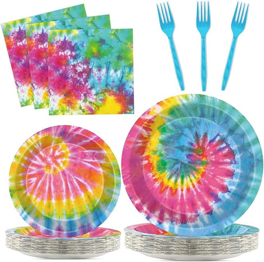 Qyeahkj 25 Guests Tie-Dye Party Supplies, Tie-Dye Party Plates Napkins Forks Set for Tie-Dye Birthday Party Decorations Boys Tie-Dye Birthday Party Supplies Favors (QY0103)