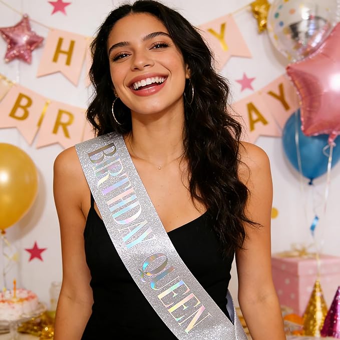Birthday Queen Sash, Dazzle Foil Letter Glitter Silver Birthday Sash for Women Girl 21st 30th 40th 50th 60th Gifts Funny Bday Gifts Party Favors Photo Prop