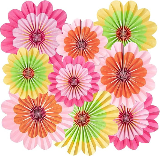 SUNBEAUTY 9 Pcs Paper Flowers Fans Hot Orange and Hot Pink Party Spring Summer Decorations Tissue Paper Flowers Decorations for Girl Groovy Birthday Baby Shower Wedding Bachelorette Room Wall Hanging