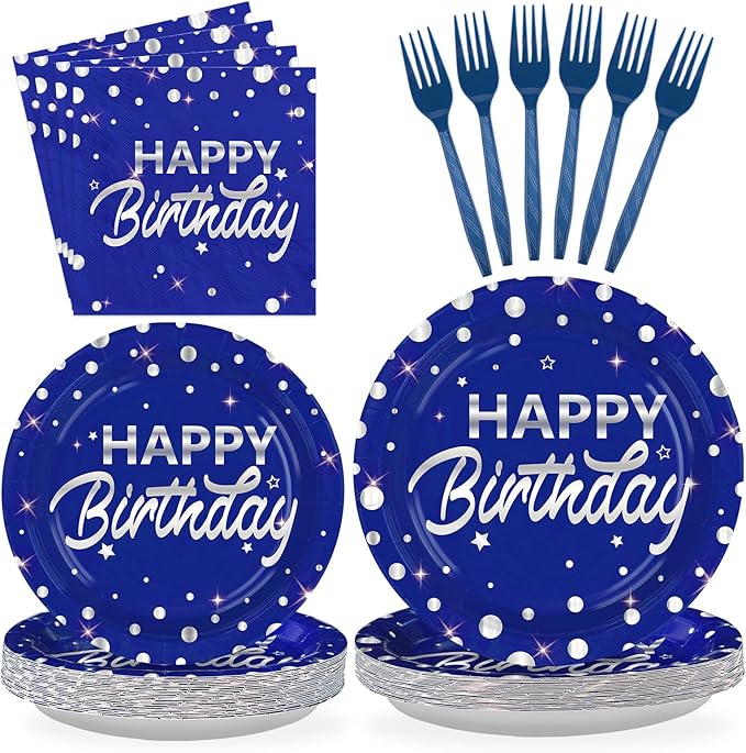 Grencian 96Pcs Blue and Silver Birthday Party Decorations Silver Polka Dots on Blue Paper Plates and Napkins Disposable Tableware for Women Men Birthday Party Graduation Decorations 2026 Serves 24