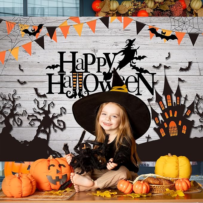 Mocsicka Happy Halloween Backdrop Spider Web Witch and Flying Bats Photography Background Wooden Floor Halloween Party Cake Table Decoration Banner Photo Booth Props (7x5ft)