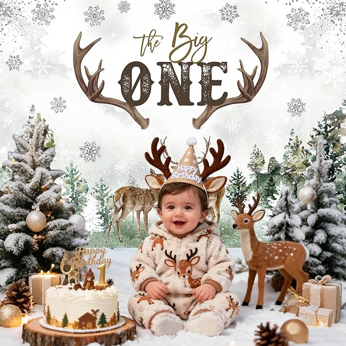 Mocsicka Deer 1st Birthday Backdrop Advenrture Winter Forest Deer Party Decoration The Big One Deer Antlers Rustic 1st Birthday Banner Bakground (Green, 7x5ft(82x60 inch))