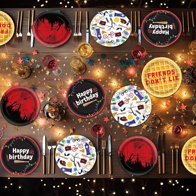 48Pcs Spooky Rustic Alphabet Party Supplies 7In Spooky Forest Birthday Paper Plates Disposable Retro Light Bulbs Pancake Dessert Plate Tableware for Halloween Horror 80s Birthday Decorations Favor