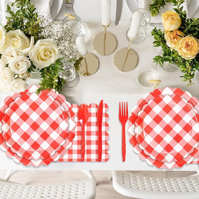 175 Pcs Red Scalloped Gingham Party Supplies for 25 Guests, Red and White Checkered Paper Plates, Cups and Napkins Sets for Baby & Bridal Shower, Wedding, Birthday Party, Outdoor Picnic