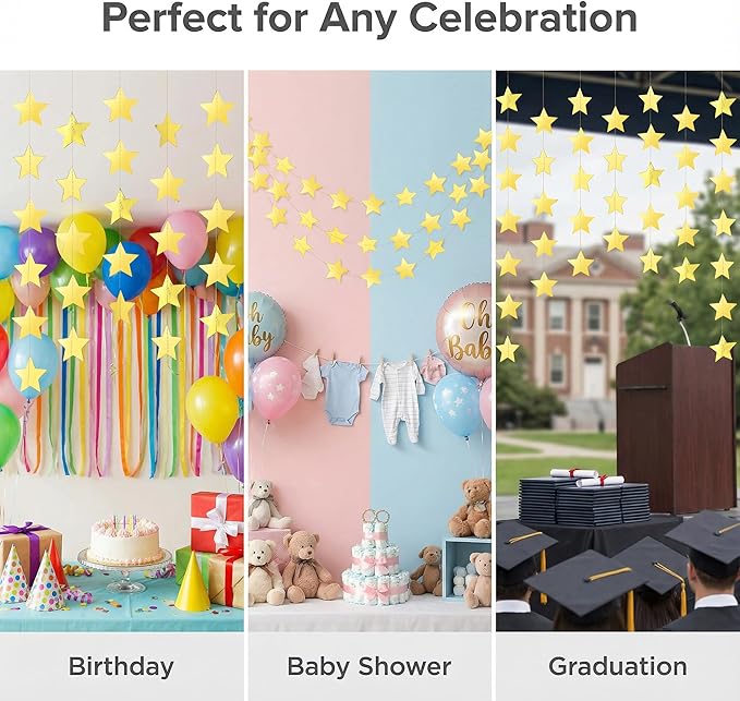 Metallic Gold Iridescent-Star-Garland 90FT – 240 Pcs Sparkling Star Streamers – Hanging Glitter Star Banner Backdrop for Birthday, Baby Shower, Wedding, Christmas Party Decorations (6 Packs)