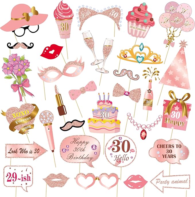 Birthday Decorations, Tumwisk 33PCS 30th Birthday Decorations for Girls, Rose Gold Happy 30th Photo Booth Props Glitter Girl Party Selfie Props(30th)