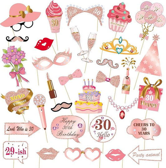 Birthday Decorations, Tumwisk 33PCS 30th Birthday Decorations for Girls, Rose Gold Happy 30th Photo Booth Props Glitter Girl Party Selfie Props(30th)