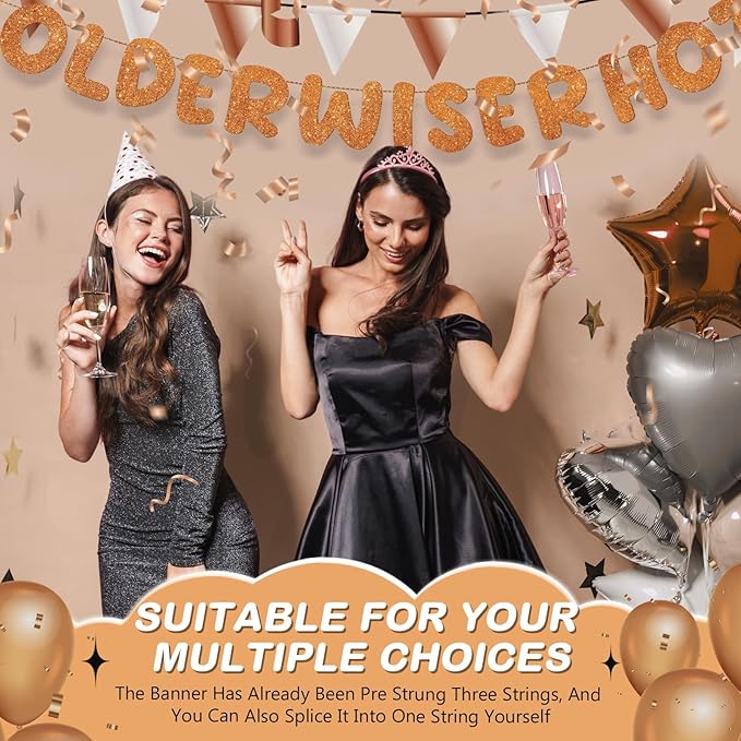Fulmoon Set of 3 Pre Strung Older Wiser Hotter Glitter Banner Funny Birthday Banner for Women 30th 40th 50th 60th 70th 80th Birthday Party Decorations Sign Gift(Orange)