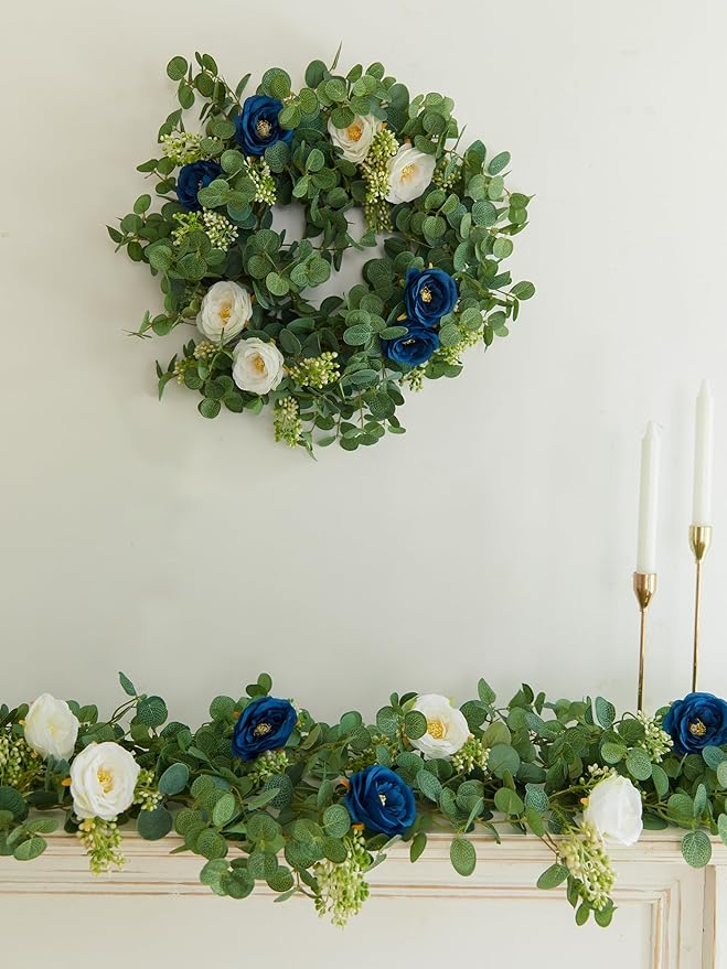 PARTY JOY 6.56ft Eucalyptus Garland with Flowers-8 Blue White Roses, Artificial Fake Flowers Greenery Garland Floral Vines for Decoration Party Wedding Table Indoor Outdoor Backdrop Wall Decor
