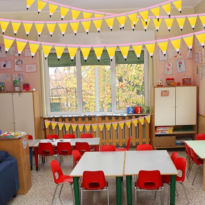 5 Pcs Pencil Shaped Paper Pennant Banners Back to School Classroom Decorations Triangle Flags with Double Sided Printing for First Day of School Classroom Ambience Celebration Decor