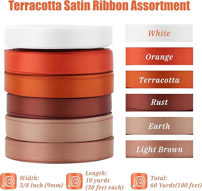Terracotta Ribbon 3/8 Inch, Burnt Orange Double Face Satin Ribbon 6 Rolls 60 Yards, Thin Autumn Ribbon for Fall Decor, Halloween Crafts, Wedding Invitations, Gift Wrapping, Bouquets