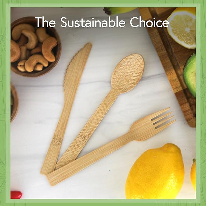 100% Bamboo Cutlery Set - 500 Biodegradable Utensils (300 Forks, 100 Knives, 100 Spoons) - Reusable or Disposable Bamboo Flatware | Compostable FSC Certified Utensils for Weddings & Parties