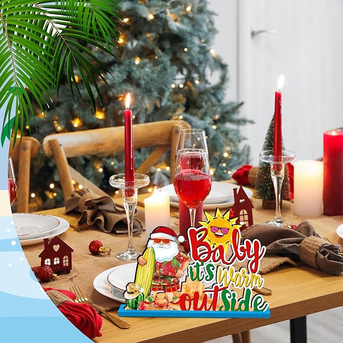 Suzile 6 Pcs Christmas in July Table Decoration July Summer Wooden Table Centerpieces Signs Santa Flamingo Palm Tree Theme Beach Party Decorations Home Table Desktop Favors Supplies