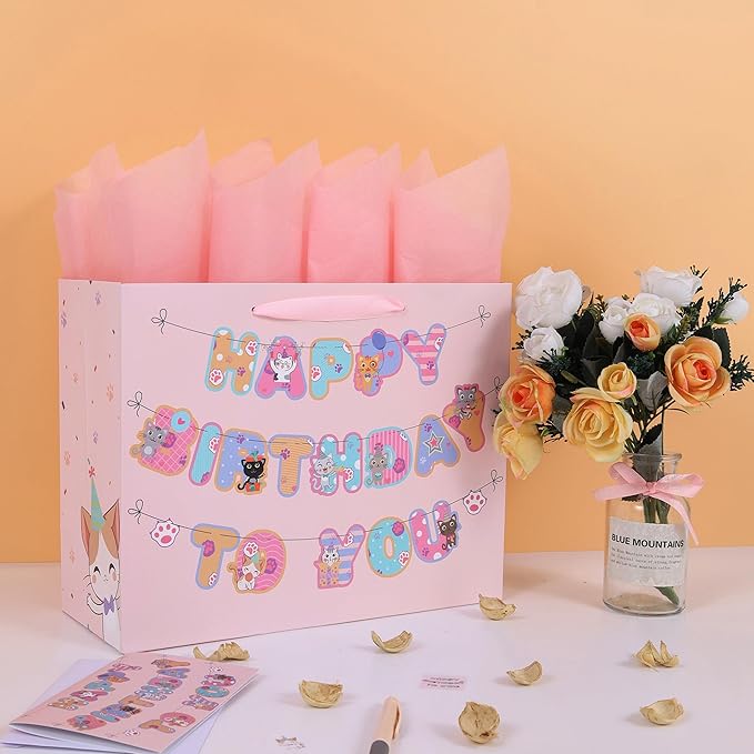 wishinside 13” Large Cat Happy Birthday Gift Bag Set with Handles, Greeting Card, Pink Tissue Papers and Stickers for Girls Kids Teens Women, Kitty-themed Banner Design, 1 Pcs