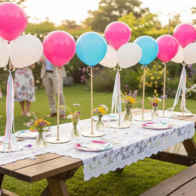 Lightsfever - 6pc Balloon Stand Centerpiece, 15.75 inch Reusable Wood Balloon Tabletop Stand with Sticks and wide Base for Partys, Rustic Wedding Decorations