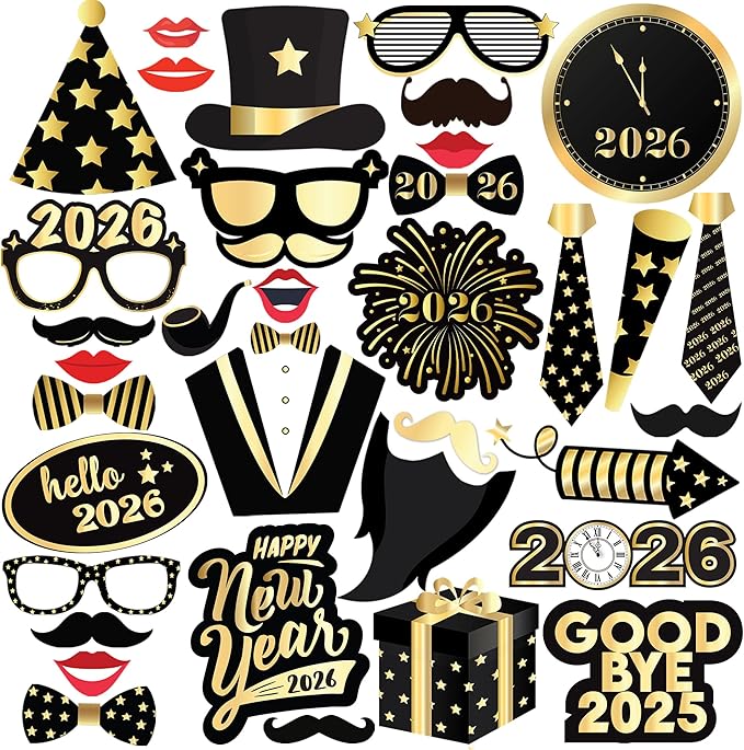 KatchOn, New Years Photo Booth Props 2026 - Pack of 35 | New Years Eve Photo Booth Props for Happy New Years Decorations 2026 | New Years Eve Party Supplies | NYE Decorations 2026