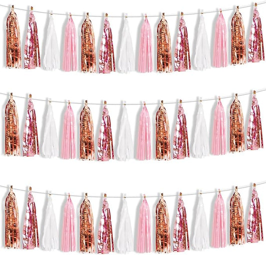 BEISHIDA 3 Packs White Pink Rose Metallic Foil Fringe Tassel Garland Banner Streamers for Girl Birthday Bridal/Baby Shower Wedding Engagement Valentine's Day Anniversary Women's Party Decoration