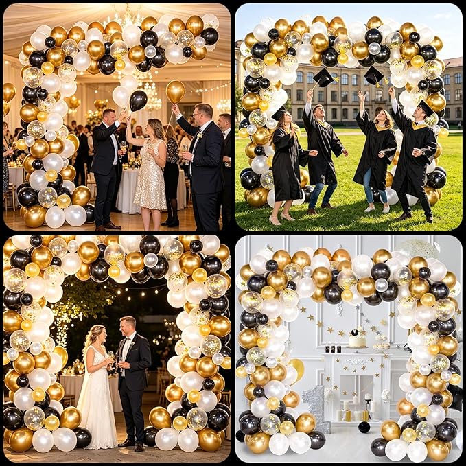 Whaline Black and Gold Balloons Garland Arch Kit 120Pcs 2026 Graduation Black White Metallic Gold Confetti Latex Balloons for New Year's Eve Wedding Anniversary Xmas Birthday Retirement Party Decor