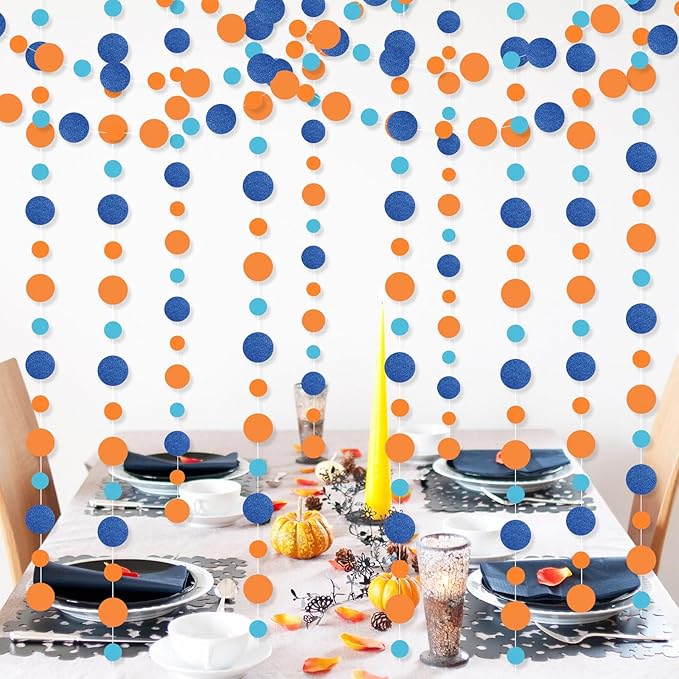 Outus 5 Pieces Orange,Blue Round Dots Garland Graduation Party Hanging Decor Each Length 13.1ft Glitter Paper Dot Streamers for Birthday Wedding Classroom Supplies