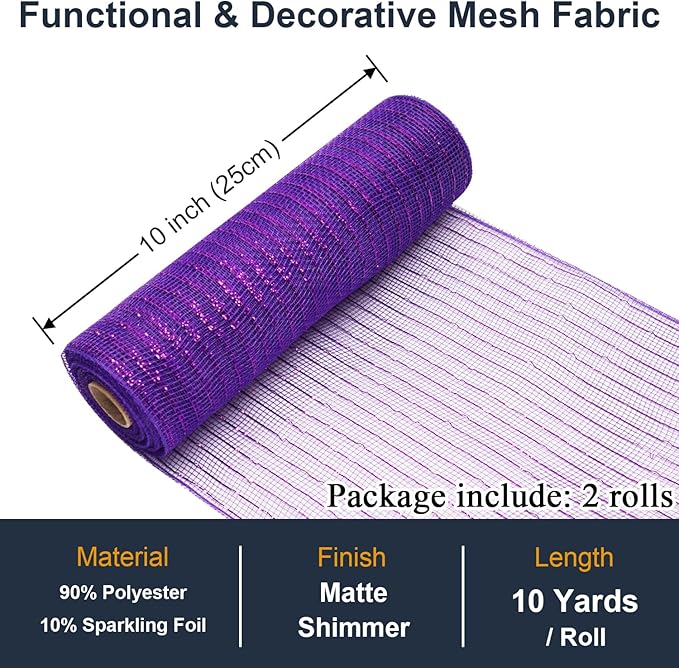 2 Pcs Purple Deco Mesh Ribbon Rolls 10 Inch 10 Yards(30 ft) Decorative Mesh Fabric with Foil for Wreaths Christmas Tree Ribbon Door DIY Craft Halloween Decor Wedding Party Supplies (Purple, 2Pcs)