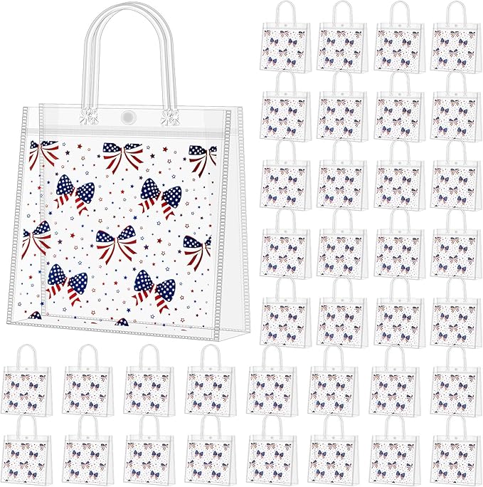 Supervitae 36 Pcs 4th of July Clear Favor Bags with Handle Reusable Red White Blue Bowknot Gift Bag Goodies Treats Totes for Independence Day Birthday Wedding Patriotic Party, 8 x 8 x 3.15 Inch