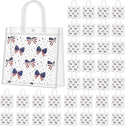 Supervitae 36 Pcs 4th of July Clear Favor Bags with Handle Reusable Red White Blue Bowknot Gift Bag Goodies Treats Totes for Independence Day Birthday Wedding Patriotic Party, 8 x 8 x 3.15 Inch