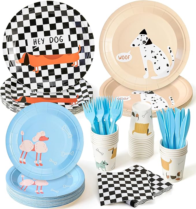 144Pcs Pet Dog Birthday Party Supplies Decorations Puppy Themed Paper Plates Napkins Vintage Puppy Party Tableware Disposable Pet Dinnerware Set for Kids Birthday Baby Shower Table Decor, Serve 24