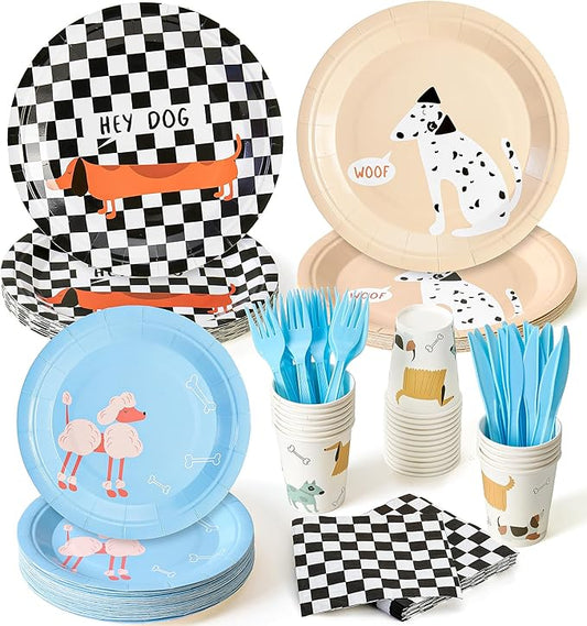 144Pcs Pet Dog Birthday Party Supplies Decorations Puppy Themed Paper Plates Napkins Vintage Puppy Party Tableware Disposable Pet Dinnerware Set for Kids Birthday Baby Shower Table Decor, Serve 24