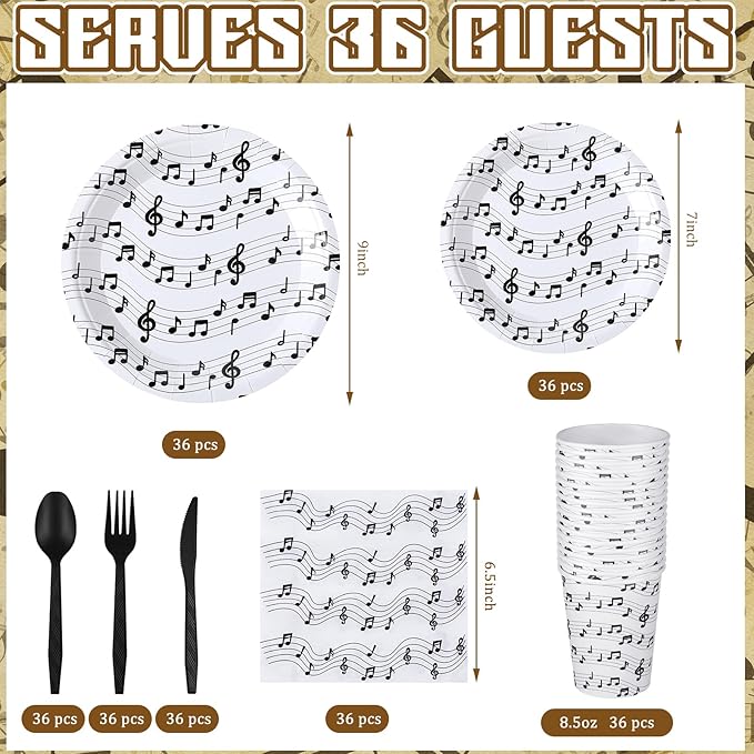 Yungyan 252 Pcs Musical Note Plates and Napkins Set Music Themed Party Decorations Disposable Music Notes Paper Napkins Plates Cups Knives Spoons Forks Concert Musical Dinnerware Serves 36 Guests