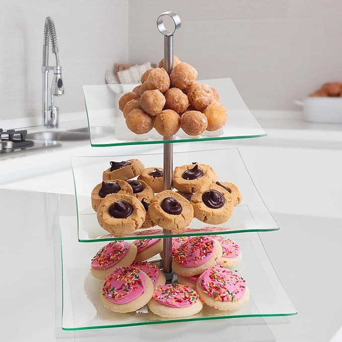 Home Dess Chef Buddy Three Tier Square Glass Buffet and Dessert Stand, 1 Pack, Clear
