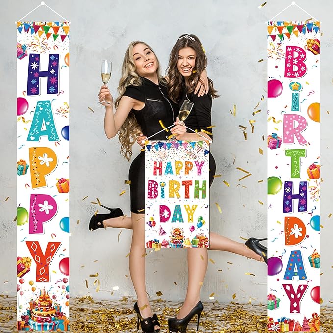 3 PCS Rainbow Happy Birthday Banner Set - Large 72" Photography Backdrop Door Porch Sign Wall Mount Party Decorations for Kids Boys Girls Indoor Outdoor Birthday Party Supplies (White)