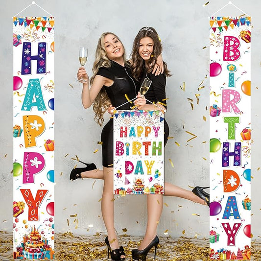3 PCS Rainbow Happy Birthday Banner Set - Large 72" Photography Backdrop Door Porch Sign Wall Mount Party Decorations for Kids Boys Girls Indoor Outdoor Birthday Party Supplies (White)