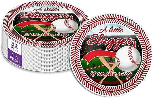 Birthday Galore Little Slugger on the Way Baby Shower - 32 Piece Disposable Party Supplies - Baseball Baby Shower Decorations - Round Party Plates - Large 9" Paper Plates In Bulk