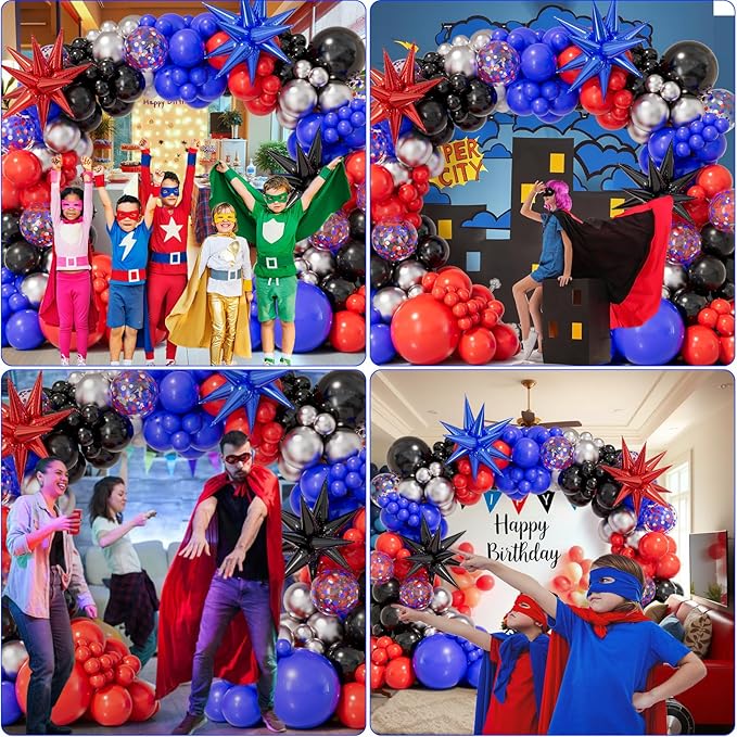 159pcs Black Red and Blue Balloons Arch Garland Kit, Spider Theme Balloon Arch with Explosion Star Balloons for Men Baby Shower Spider Theme Birthday Party Decorations