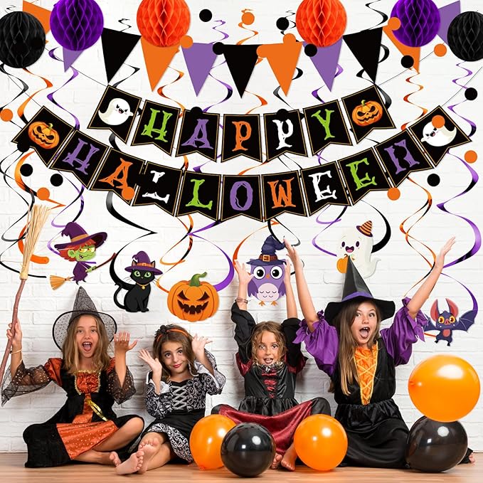 Clabby Halloween Party Decorations Kit Happy Halloween Banner Hanging Swirls Cutouts Triangle Flag Bunting Circle Confetti Dots Garland Black Orange Purple 3D Honeycomb Ball for Birthday Baby Shower
