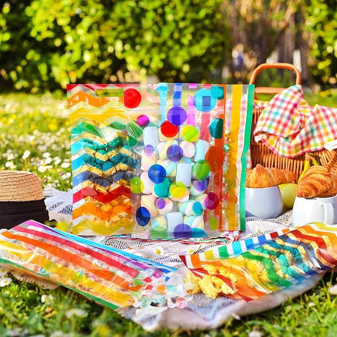 Pasimy 60 Pcs Pride Rainbow Plastic Candy Bags Polka Dot Stripes Printed Treat Goodie Gift Bags with Handle for LGBT Wedding Baby Shower Birthday Party Favor Supplies, 6 Design