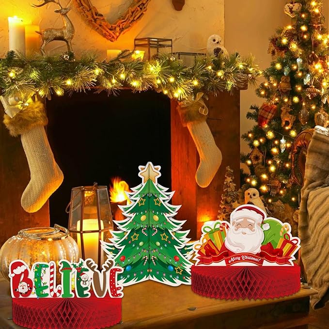 KALEFO 12 Pcs Christmas Honeycomb Centerpieces Santa Reindeer Design for Winter Xmas Holiday Party 3D Table Decor Supplies