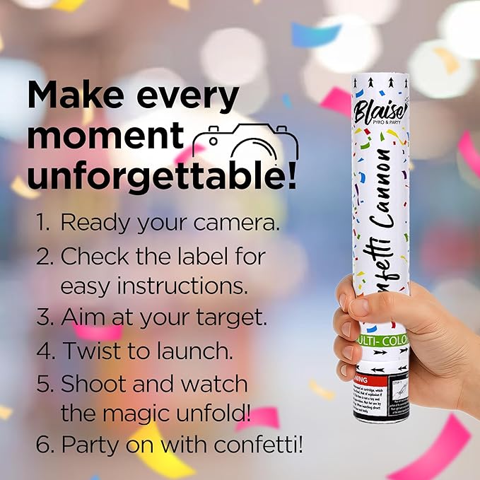 Blaise Pyro & Party Multi-Colored Confetti Poppers - Easy to Use Paper Confetti Poppers for Weddings, Birthdays, Anniversaries & More - Colorful Confetti Cannon for Memorable Photos - 6 Pack, 12 Inch