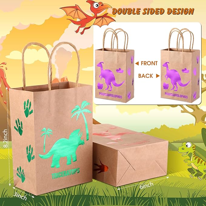 Pajean 24 Pcs Dinosaur Candy Bags with Handle, Dinosaur Party Favor Paper Bags Kids Gifts Goodie Treat Wrapping for Boys Girls Dino Theme Birthday Baby Shower Party Supplies(Lovely Style)
