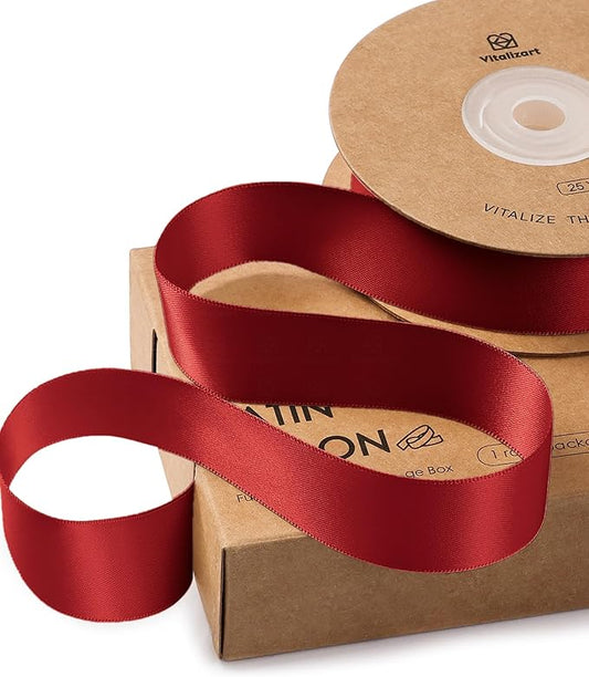 Vitalizart Red Ribbon for Gift Wrapping 1" x 25Yd Double Face Continuous Functional Satin Ribbon for Crafts Silk Like Fabric Flower Bouquet Birthday Party Decorations Bridal Shower Wreath Hair
