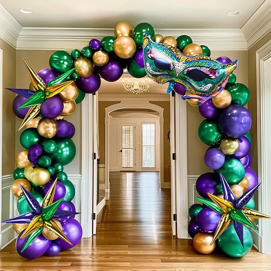 Mardi Gras Purple Green Gold Balloon Garland Arch Kit 101 Pcs with large mylar Star Mardi Mask foil Balloons for 2026 Birthday Masquerade fat Tuesday Theme party Decorations (Purple Green Gold)
