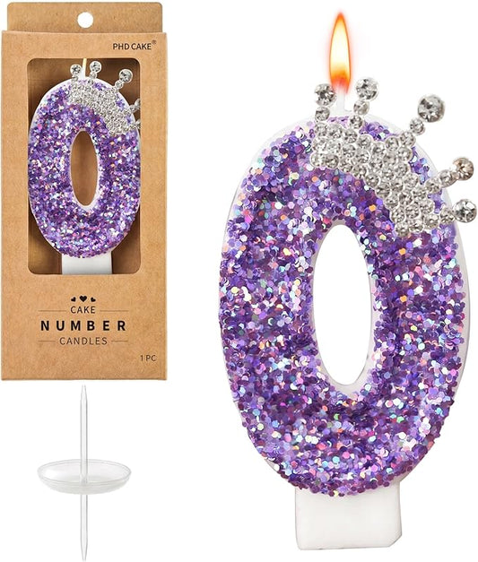 Birthday Number Candles,Purple Crown Birthday Candles for Cake,Glitter Number 0 Candle Cake Topper with Sequins for Anniversary Celebrations Supplies