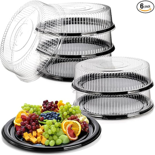 Frcctre 6 Pack 16 inch Plastic Serving Tray with Clear Lid, Heavy Duty Round Large Appetizer Serving Trays Catering Tray Party Platters for Vegetable Catering Picnic