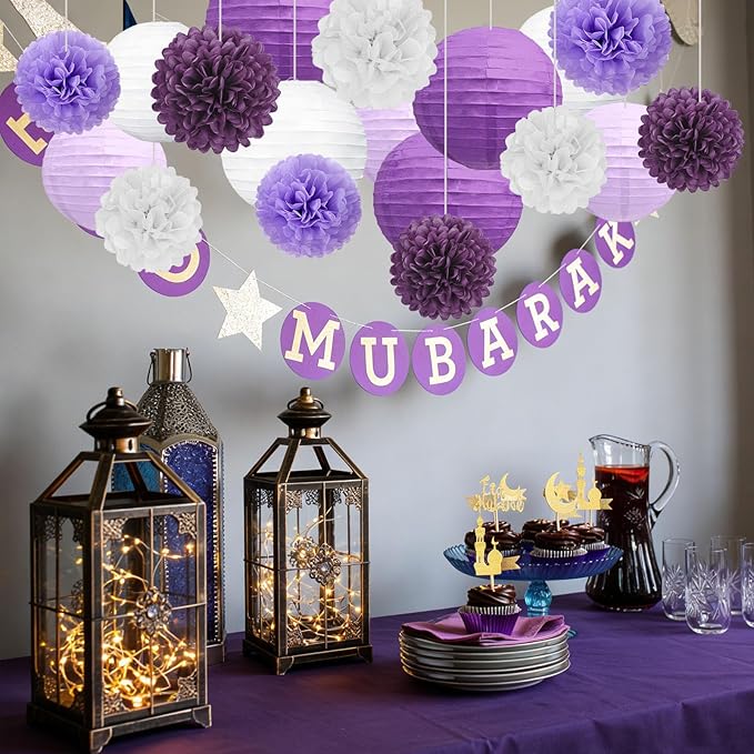 18 PCS Purple White Paper Lanterns & Tissue Paper Pom Poms for Women Birthday, Baby Shower, Wedding, Bridal Shower, Hanging Paper Decor for Graduation Theme Party Supplies
