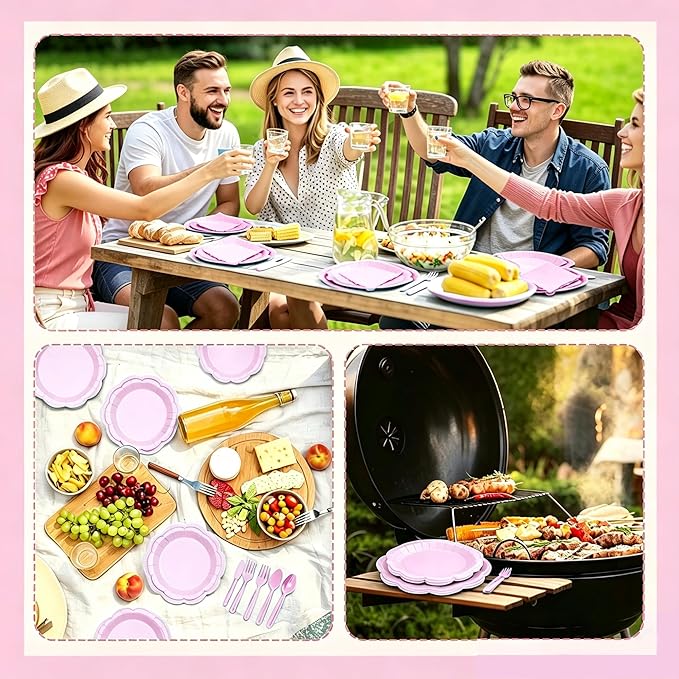 168 Pcs Lavender Party Supplies, Scalloped 9" & 7" Disposable Paper Plates with Napkins and Cutlery, Pastel Purple Tableware Set for Birthday, Baby Shower, Wedding, Mother?™s Day, Serves 24